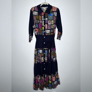 RubyYaya Tiered‎ Postage Stamp Maxi Dress 3/4 Sleeves Button Front Belted Small